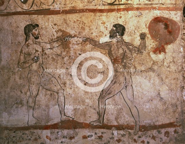 Fight or boxing match. Greek painting italic influenced, from the Lucanian tomb of Paestum.