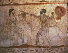 Fight or boxing match. Greek painting italic influenced, from the Lucanian tomb of Paestum