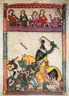 Fighting between knights, miniature in Cimelia Heidelbergensia