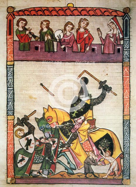 Fighting between knights, miniature in 'Cimelia Heidelbergensia'.