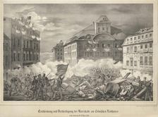 Fighting on the barricade at the Köllnische Rathaus (Cölln Town Hall) in Berlin...March 18-19, 1848. Creator: Anonymous