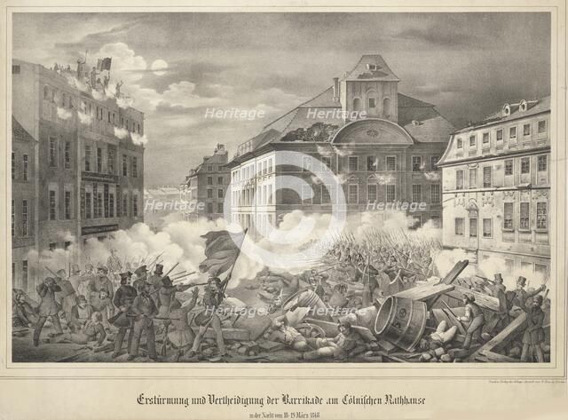 Fighting on the barricade at the Köllnische Rathaus (Cölln Town Hall) in Berlin...March 18-19, 1848. Creator: Anonymous.