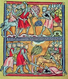 Fighting of Charlemagne with the paladins against the Saracens, Miniature in Charlemagne and the…