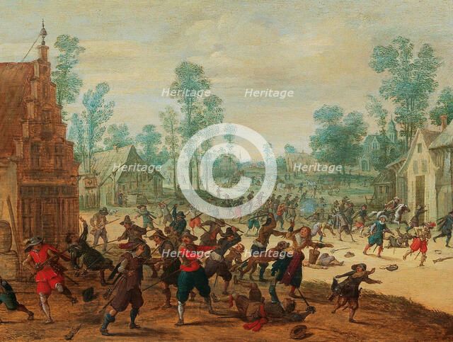 Fighting soldiers in a village, c.1630. Creator: Vrancx, Sebastiaen (1574-1647).