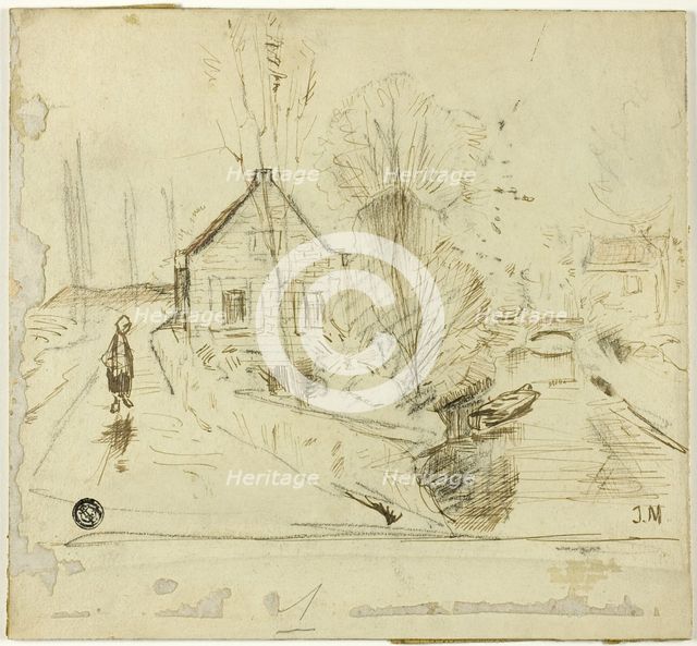 Figure on Road by House and Canal, n.d. Creator: Unknown.