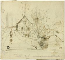 Figure on Road by House and Canal, n.d. Creator: Unknown