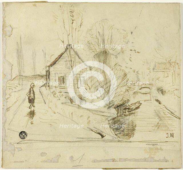 Figure on Road by House and Canal, n.d. Creator: Unknown.