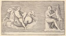 Figure on Seagoat; Man Carving Wing, published ca. 1599-1622. Creator: Unknown