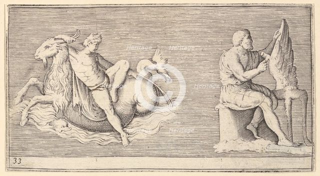 Figure on Seagoat; Man Carving Wing, published ca. 1599-1622. Creator: Unknown.