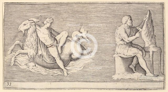 Figure on Seagoat; Man Carving Wing, published ca. 1599-1622. Creator: Unknown.