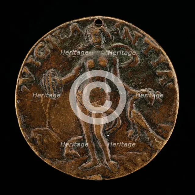 Figure Holding a Shield and Peacock [reverse], c. 1495. Creator: Unknown.