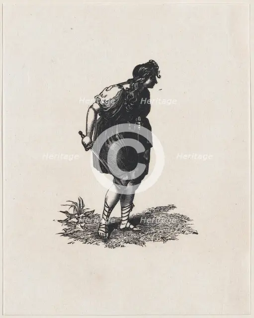 Figure holding a sword with their back hunched (after one of Boydell's Shakespear..., ca. 1800-1899. Creator: Anon.