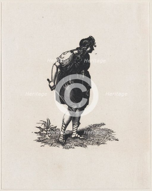 Figure holding a sword with their back hunched (after one of Boydell's Shakespear..., ca. 1800-1899. Creator: Anon.