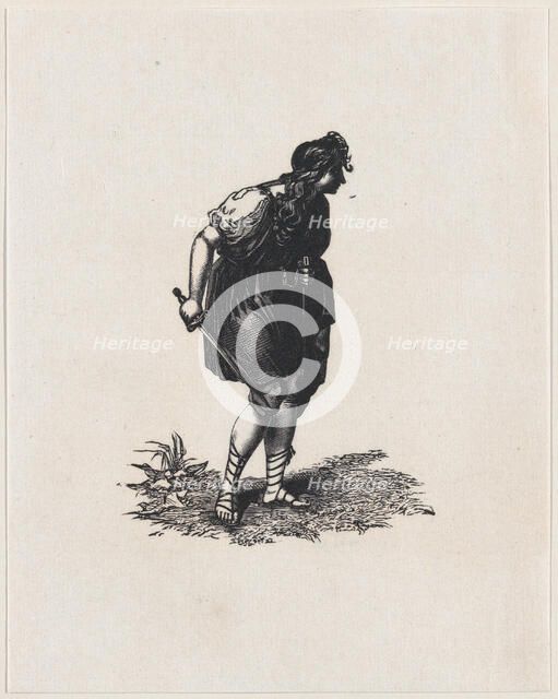Figure holding a sword with their back hunched (after one of Boydell's Shakespear..., ca. 1800-1899. Creator: Anon.