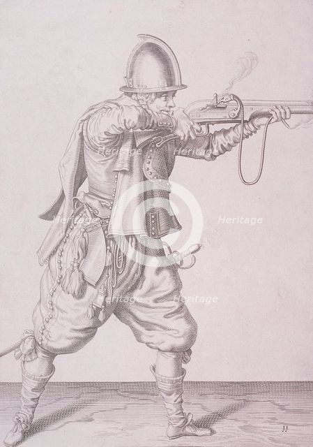 Figure in military clothing firing a musket and wearing a sword, 1607. Artist: Anon