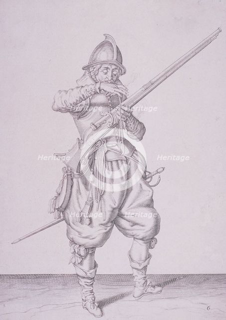 Figure in military clothing holding a musket and wearing a sword, 1607. Artist: Anon