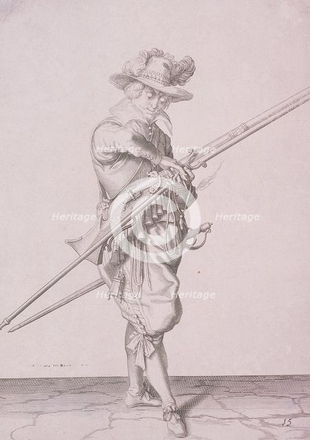 Figure in military clothing holding a musket and wearing a sword, 1607. Artist: Anon