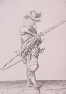 Figure in military clothing holding a musket and wearing a sword, 1607. Artist: Anon