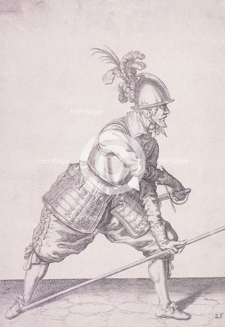 Figure in military clothing holding a pike in one hand and a sword in the other, 1607. Artist: Anon