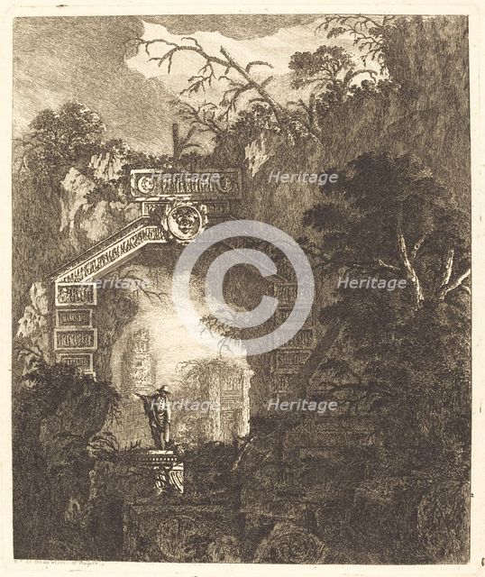 Figure Standing under a Stone Arch, 1768. Creator: Jean-Laurent Legeay.