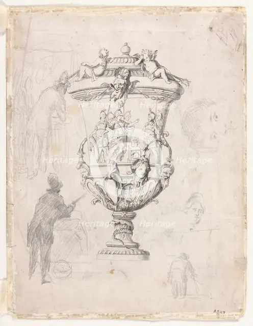 Figure Studies Around an Engraving of an Ornamental Vase, 1870/72. Creator: Paul Cezanne.