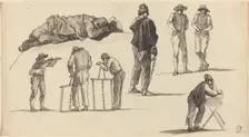 Figure Studies, Including One Man Sleeping on the Ground and Two Men Sawing. Creator: Claude-Joseph Vernet
