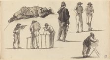 Figure Studies, Including One Man Sleeping on the Ground and Two Men Sawing. Creator: Claude-Joseph Vernet
