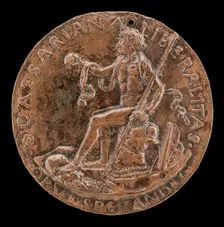Figure Seated on a Cuirass, Holding a Globe and Spear [reverse], c. 1462. Creator: Sperandio Savelli