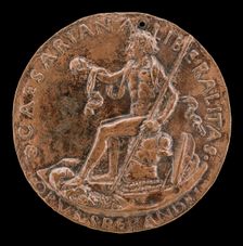 Figure Seated on a Cuirass, Holding a Globe and Spear [reverse], c. 1462. Creator: Sperandio Savelli