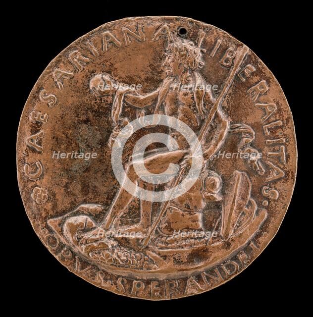 Figure Seated on a Cuirass, Holding a Globe and Spear [reverse], c. 1462. Creator: Sperandio Savelli.