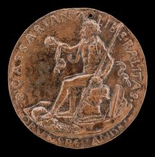 Figure Seated on a Cuirass, Holding a Globe and Spear [reverse], c. 1462. Creator: Sperandio Savelli