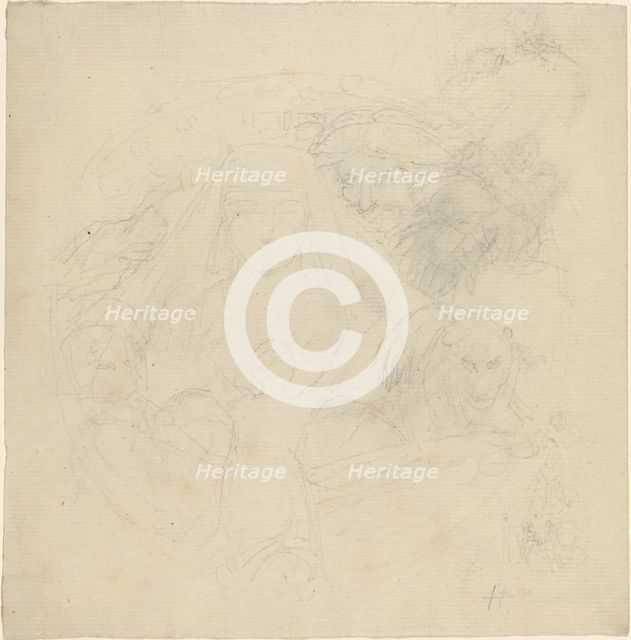 Figure Seen from behind Praying to an Apparition of a Head with Lions Below. Creator: John Flaxman.