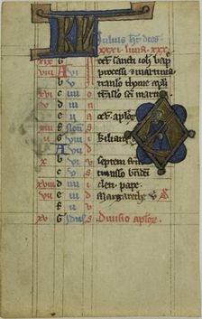 Figure with Scythe, Illuminated Initials "KL" or "BV" recto..., 1275/1325. Creator: Unknown
