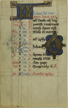 Figure with Scythe, Illuminated Initials "KL" or "BV" recto..., 1275/1325. Creator: Unknown