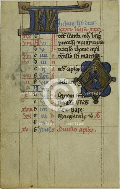 Figure with Scythe, Illuminated Initials "KL" or "BV" recto..., 1275/1325. Creator: Unknown.