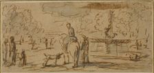 Figures Walking and on Horseback in a Park, n.d. Creator: Unknown