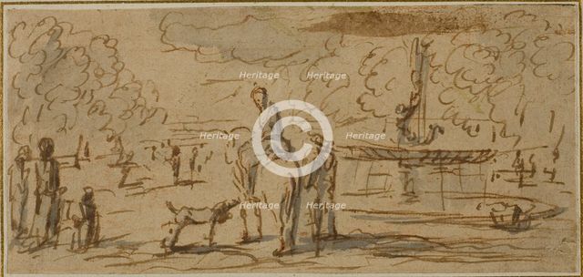 Figures Walking and on Horseback in a Park, n.d. Creator: Unknown.
