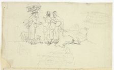 Figures with Market Goods and Three Sketches, n.d. Creator: William Henry Pyne
