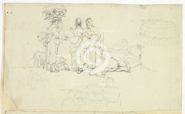 Figures with Market Goods and Three Sketches, n.d. Creator: William Henry Pyne.