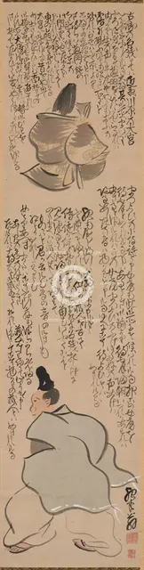 Figures with Calligraphy of a Passage from the "Heike Monogatari" ("The Tales of Heike"), 1700s. Creator: Yosa Buson (Japanese, 1716-1783).