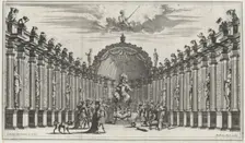 Figures worshipping the statue of an armed figure; set design from Il Pomo D'Oro 1668. Creator: Mathäus Küsel