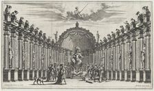 Figures worshipping the statue of an armed figure; set design from Il Pomo D'Oro 1668. Creator: Mathäus Küsel