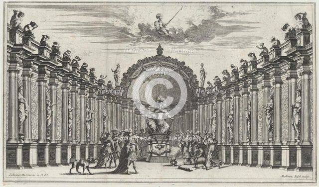 Figures worshipping the statue of an armed figure; set design from 'Il Pomo D'Oro', 1668. Creator: Mathäus Küsel.