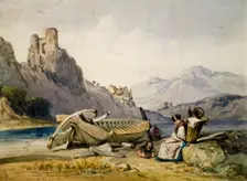 Figures and a boat on the shore of a lake, a house and ruined castle in the background c1830s. Artist: Alfred Gomersal Vickers