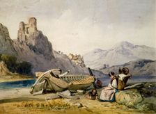 Figures and a boat on the shore of a lake, a house and ruined castle in the background c1830s. Artist: Alfred Gomersal Vickers