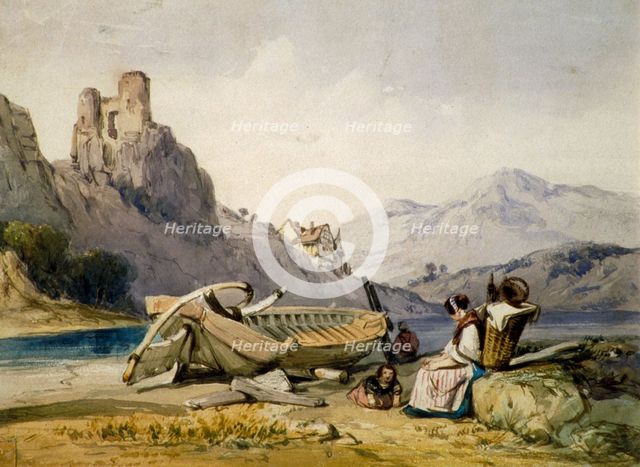 'Figures and a boat on the shore of a lake, a house and ruined castle in the background', c1830s. Artist: Alfred Gomersal Vickers