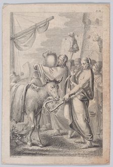 Figures at right near a ship, some holding up animals over their heads, a horse at left, 1783. Creators: Daniel Berger, Christian Bernhard Rode