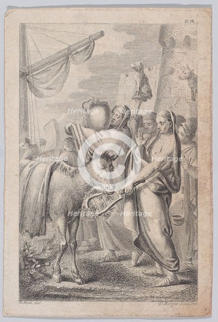 Figures at right near a ship, some holding up animals over their heads, a horse at left, 1783. Creators: Daniel Berger, Christian Bernhard Rode.