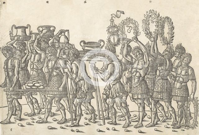 Figures bearing trophies and and carrying wreaths, from 'The Triumph of Caesar', 1504. Creator: Jacob von Strassburg.