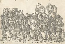 Figures bearing trophies and and carrying wreaths, from The Triumph of Caesar 1504. Creator: Jacob von Strassburg